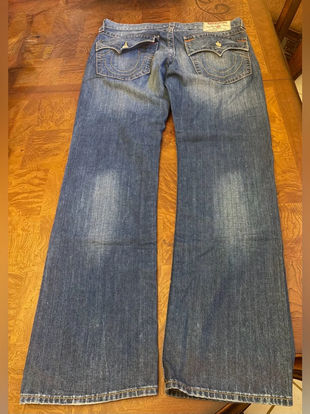 True Religion Men's Straight Jeans in Blue with Gold Stitching